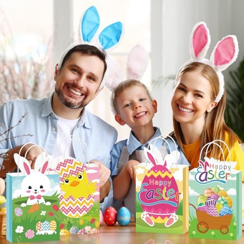 Bolsas de papel de regalo Sweetude para Pascua, 24 piezas con asas, con diseño de conejito y huevos, ideales para fiestas infantiles y dulces - imagen 5