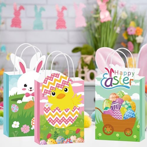 Bolsas de papel de regalo Sweetude para Pascua, 24 piezas con asas, con diseño de conejito y huevos, ideales para fiestas infantiles y dulces - imagen 6