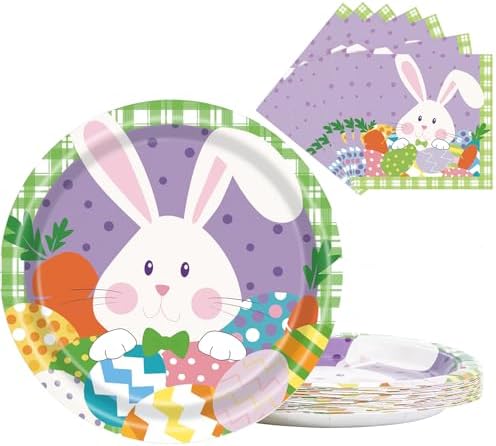 Platos Desechables de Papel LDFDRT para Pascua 40 Pzs, 20 Platos de 9 Pulgadas y 20 Servilletas con Diseño de Huevos y Conejos para Fiestas - imagen 1