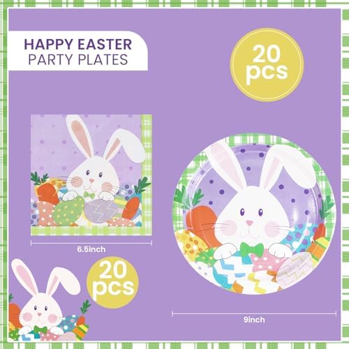 Platos Desechables de Papel LDFDRT para Pascua 40 Pzs, 20 Platos de 9 Pulgadas y 20 Servilletas con Diseño de Huevos y Conejos para Fiestas - imagen 2