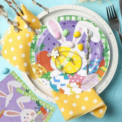 Platos Desechables de Papel LDFDRT para Pascua 40 Pzs, 20 Platos de 9 Pulgadas y 20 Servilletas con Diseño de Huevos y Conejos para Fiestas - imagen 3