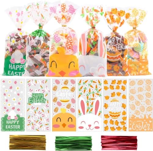 Bolsas de Celofán para Pascua VEYLIN 120 Piezas, Bolsas de Plástico para Dulces y Galletas con 150 Cintas Retorcidas 5” x 11” - imagen 1