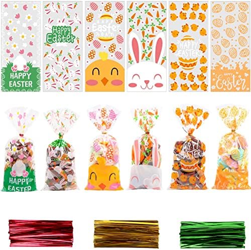 Bolsas de Celofán para Pascua VEYLIN 120 Piezas, Bolsas de Plástico para Dulces y Galletas con 150 Cintas Retorcidas 5” x 11” - imagen 3