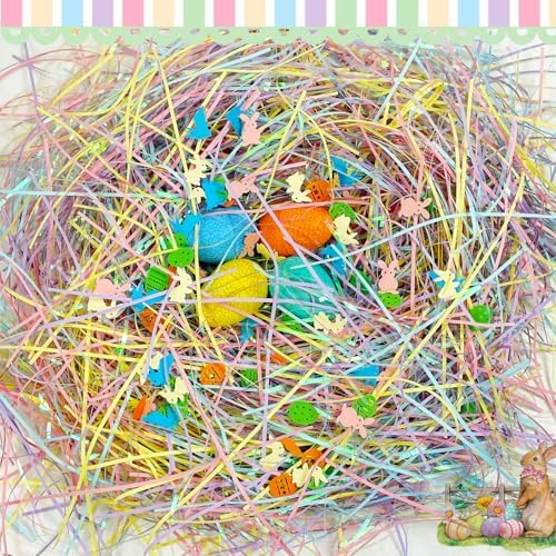 Relleno de Césped de Pascua, Papel Craft Desmenuzado de 200g con Confeti para Decoración de Cestas y Regalos (7oz) - imagen 2