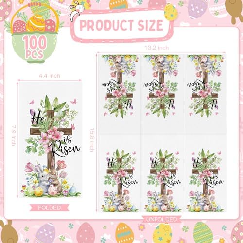 100 Piezas Servilletas Desechables de Pascua Él Ha Resucitado, Servilletas de Papel con Diseño de Conejito, Huevos y Flores para Fiestas y Decoración - imagen 2