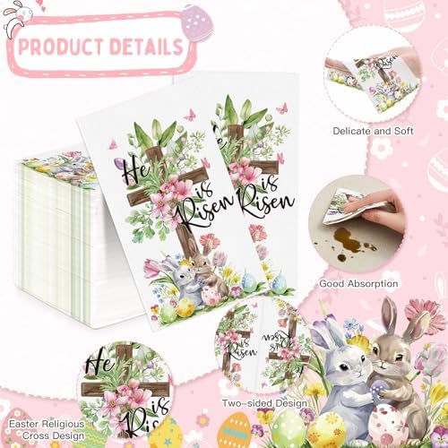 100 Piezas Servilletas Desechables de Pascua Él Ha Resucitado, Servilletas de Papel con Diseño de Conejito, Huevos y Flores para Fiestas y Decoración - imagen 3