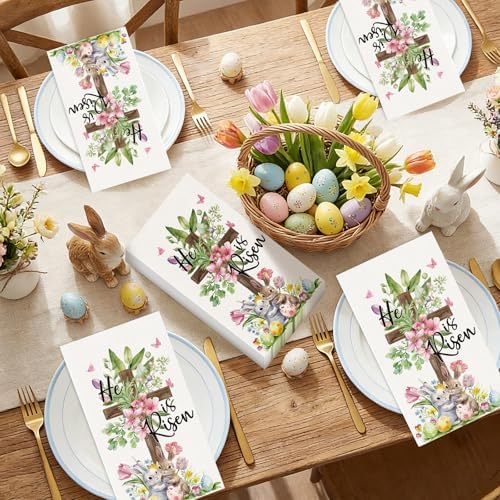 100 Piezas Servilletas Desechables de Pascua Él Ha Resucitado, Servilletas de Papel con Diseño de Conejito, Huevos y Flores para Fiestas y Decoración - imagen 4