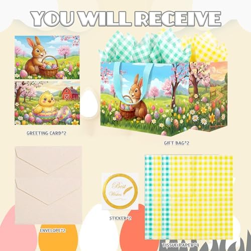 YQUQWN 2 Pzs 13 Bolsas Grandes de Regalo para Pascua con Asas, Papel de Regalo, Tarjetas y Stickers, Perfectas para Caza de Huevos y Fiestas - imagen 3