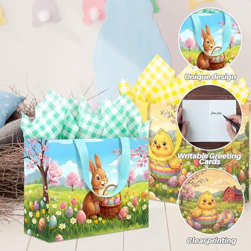 YQUQWN 2 Pzs 13 Bolsas Grandes de Regalo para Pascua con Asas, Papel de Regalo, Tarjetas y Stickers, Perfectas para Caza de Huevos y Fiestas - imagen 4