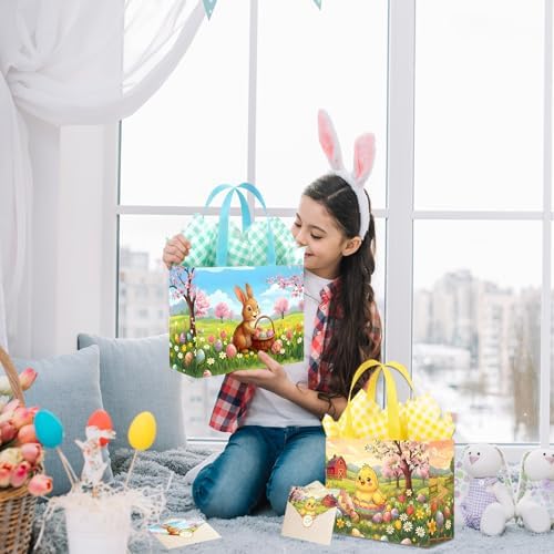 YQUQWN 2 Pzs 13 Bolsas Grandes de Regalo para Pascua con Asas, Papel de Regalo, Tarjetas y Stickers, Perfectas para Caza de Huevos y Fiestas - imagen 6