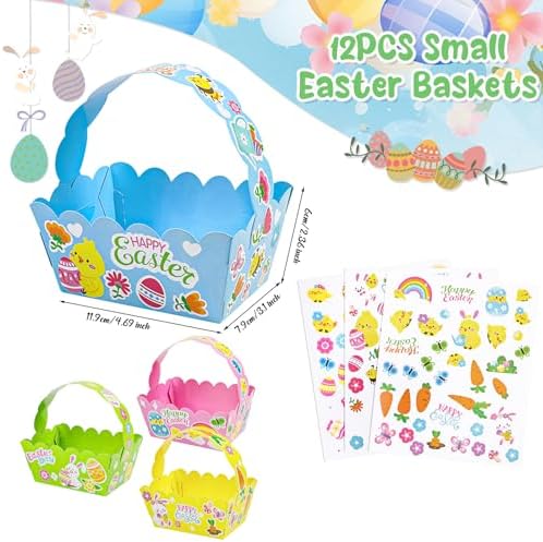 Cestas de Pascua Pequeñas DERAYEE, 12PCS Cajas de Regalo Felices con Lindos Stickers de Conejito para Fiesta de Búsqueda de Huevos de Pascua - imagen 2