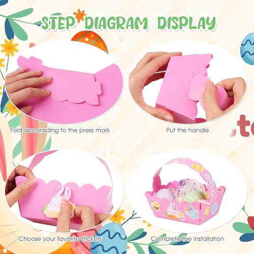 Cestas de Pascua Pequeñas DERAYEE, 12PCS Cajas de Regalo Felices con Lindos Stickers de Conejito para Fiesta de Búsqueda de Huevos de Pascua - imagen 3