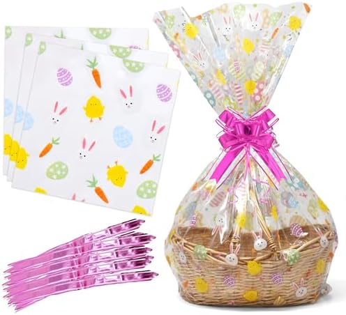Paquete de 10 Bolsas de Celofán Jumbo para Pascua, Extra Grandes y Transparentes 35 x 47 Pulgadas con Diseño de Conejo, Pollito y Huevos, Listones - imagen 1