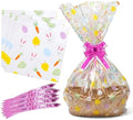 Paquete de 10 Bolsas de Celofán Jumbo para Pascua, Extra Grandes y Transparentes 35 x 47 Pulgadas con Diseño de Conejo, Pollito y Huevos, Listones - imagen 1