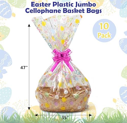 Paquete de 10 Bolsas de Celofán Jumbo para Pascua, Extra Grandes y Transparentes 35 x 47 Pulgadas con Diseño de Conejo, Pollito y Huevos, Listones - imagen 2