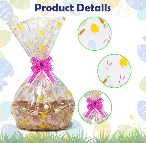 Paquete de 10 Bolsas de Celofán Jumbo para Pascua, Extra Grandes y Transparentes 35 x 47 Pulgadas con Diseño de Conejo, Pollito y Huevos, Listones - imagen 3