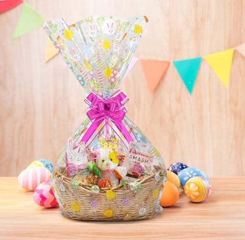 Paquete de 10 Bolsas de Celofán Jumbo para Pascua, Extra Grandes y Transparentes 35 x 47 Pulgadas con Diseño de Conejo, Pollito y Huevos, Listones - imagen 4