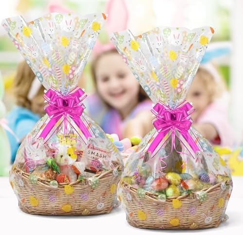 Paquete de 10 Bolsas de Celofán Jumbo para Pascua, Extra Grandes y Transparentes 35 x 47 Pulgadas con Diseño de Conejo, Pollito y Huevos, Listones - imagen 5