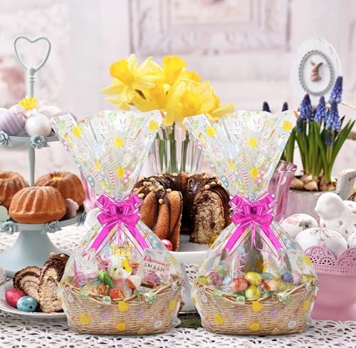 Paquete de 10 Bolsas de Celofán Jumbo para Pascua, Extra Grandes y Transparentes 35 x 47 Pulgadas con Diseño de Conejo, Pollito y Huevos, Listones - imagen 6