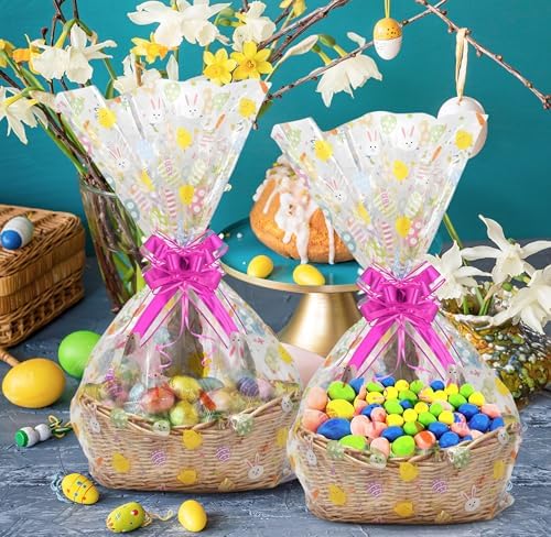 Paquete de 10 Bolsas de Celofán Jumbo para Pascua, Extra Grandes y Transparentes 35 x 47 Pulgadas con Diseño de Conejo, Pollito y Huevos, Listones - imagen 7