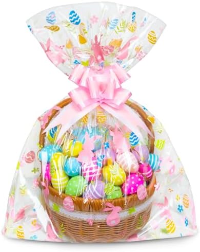 Paquete de 10 Bolsas Grandes para Cestas de Pascua, 24 x 30 Pulgadas, Envoltura de Celofán con 10 Lazos, Plástico para Fiestas de Primavera - imagen 1