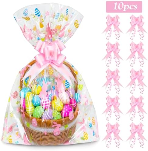 Paquete de 10 Bolsas Grandes para Cestas de Pascua, 24 x 30 Pulgadas, Envoltura de Celofán con 10 Lazos, Plástico para Fiestas de Primavera - imagen 2