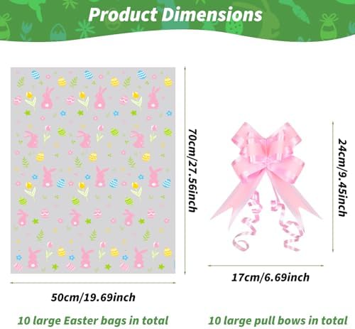 Paquete de 10 Bolsas Grandes para Cestas de Pascua, 24 x 30 Pulgadas, Envoltura de Celofán con 10 Lazos, Plástico para Fiestas de Primavera - imagen 3