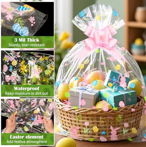 Paquete de 10 Bolsas Grandes para Cestas de Pascua, 24 x 30 Pulgadas, Envoltura de Celofán con 10 Lazos, Plástico para Fiestas de Primavera - imagen 5