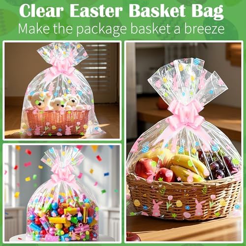 Paquete de 10 Bolsas Grandes para Cestas de Pascua, 24 x 30 Pulgadas, Envoltura de Celofán con 10 Lazos, Plástico para Fiestas de Primavera - imagen 6