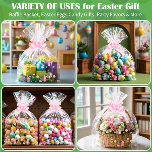 Paquete de 10 Bolsas Grandes para Cestas de Pascua, 24 x 30 Pulgadas, Envoltura de Celofán con 10 Lazos, Plástico para Fiestas de Primavera - imagen 7