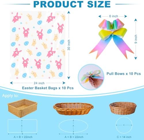 Bolsas de Celofán FloraSea para Pascua 24x30 Pulgadas - 10 Piezas para Canastas Grandes con 10 Moños de Regalo - imagen 3