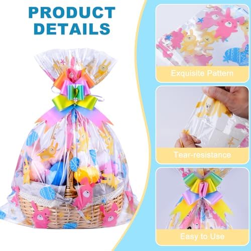 Bolsas de Celofán FloraSea para Pascua 24x30 Pulgadas - 10 Piezas para Canastas Grandes con 10 Moños de Regalo - imagen 4
