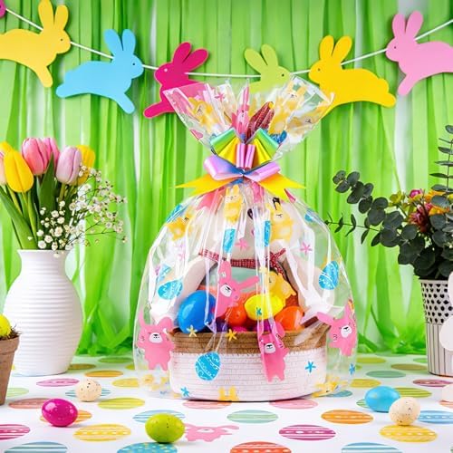 Bolsas de Celofán FloraSea para Pascua 24x30 Pulgadas - 10 Piezas para Canastas Grandes con 10 Moños de Regalo - imagen 5