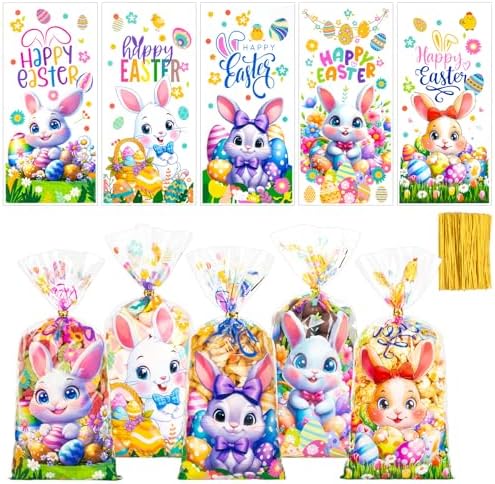 Bolsas de Regalo de Pascua GIFOHAPY 100 Pzs con 120 Cintas, 5 Estilos de Bolsas de Celofán Coloridas para Niños, Favor de Fiesta de Pascua - imagen 1