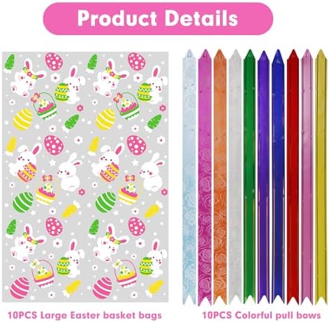 LOKIPA 10 Piezas de Bolsas para Cestas de Pascua, Bolsas de Celofán Grandes con 10 Lazos de Color para Regalos y Fiestas de Pascua (90X60 cm) - imagen 2