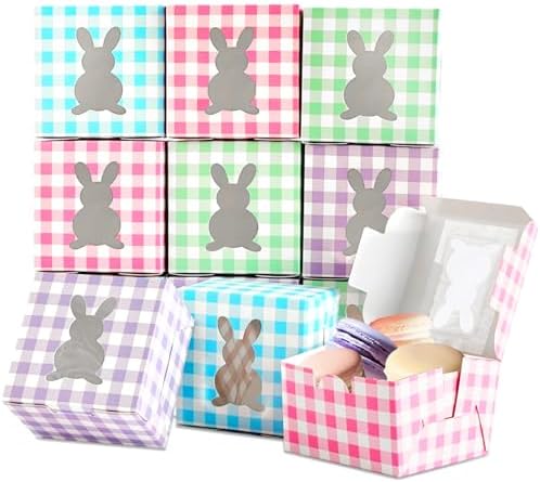 Paquete de 12 cajas de conejito coloridas de 4x4x2.6 pulgadas con ventana, cajas de cartón kraft para dulces y cupcakes, ideales para Pascua y - imagen 1