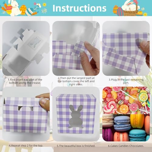 Paquete de 12 cajas de conejito coloridas de 4x4x2.6 pulgadas con ventana, cajas de cartón kraft para dulces y cupcakes, ideales para Pascua y - imagen 3