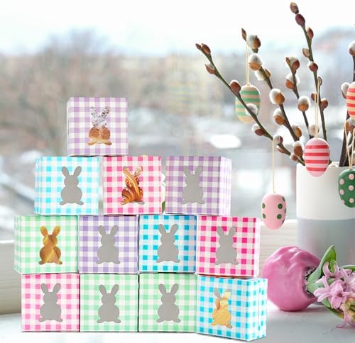 Paquete de 12 cajas de conejito coloridas de 4x4x2.6 pulgadas con ventana, cajas de cartón kraft para dulces y cupcakes, ideales para Pascua y - imagen 4