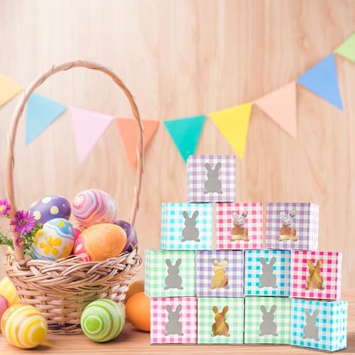 Paquete de 12 cajas de conejito coloridas de 4x4x2.6 pulgadas con ventana, cajas de cartón kraft para dulces y cupcakes, ideales para Pascua y - imagen 7