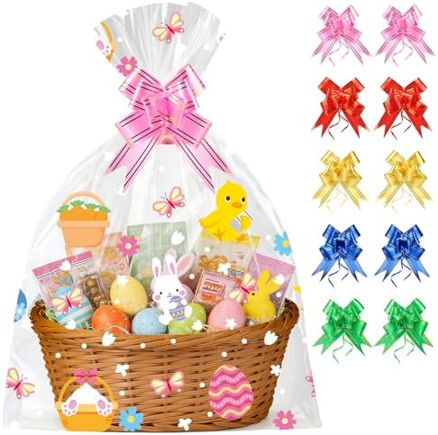 Soarvita 10 Piezas de Bolsas Grandes para Cestas de Pascua con Lazos: 20×28 Pulgadas de Plástico Transparente para Regalos y Juguetes Grandes - imagen 1