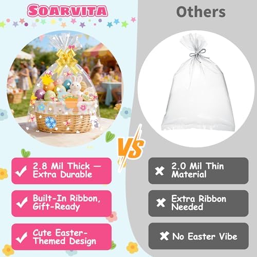 Soarvita 10 Piezas de Bolsas Grandes para Cestas de Pascua con Lazos: 20×28 Pulgadas de Plástico Transparente para Regalos y Juguetes Grandes - imagen 6