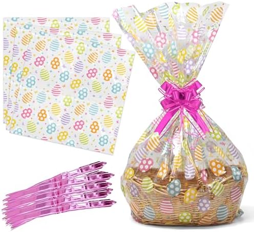 Bolsas para Cesta de Pascua 10 Piezas 24x30 Pulgadas Transparentes con Diseño de Huevos Coloridos y Cierres de Torzón, Bolsas Grandes para Regalos y - imagen 1