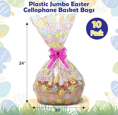 Bolsas para Cesta de Pascua 10 Piezas 24x30 Pulgadas Transparentes con Diseño de Huevos Coloridos y Cierres de Torzón, Bolsas Grandes para Regalos y - imagen 2