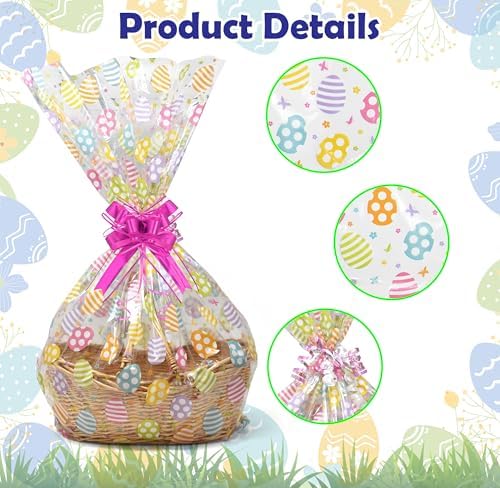 Bolsas para Cesta de Pascua 10 Piezas 24x30 Pulgadas Transparentes con Diseño de Huevos Coloridos y Cierres de Torzón, Bolsas Grandes para Regalos y - imagen 3