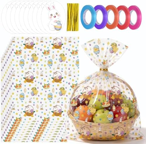 Bolsas de Celofán Miukada 24x30 Pulgadas para Pascua con Etiquetas de Conejo y Listones, Paquete de 10, 2 Mil de Grosor, Ideal para Regalos y - imagen 1