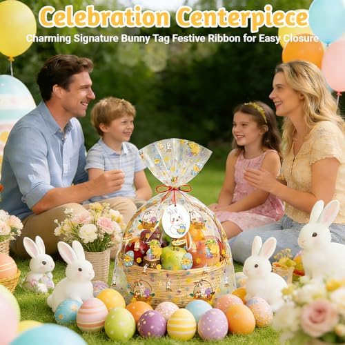 Bolsas de Celofán Miukada 24x30 Pulgadas para Pascua con Etiquetas de Conejo y Listones, Paquete de 10, 2 Mil de Grosor, Ideal para Regalos y - imagen 2