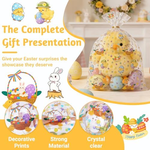Bolsas de Celofán Miukada 24x30 Pulgadas para Pascua con Etiquetas de Conejo y Listones, Paquete de 10, 2 Mil de Grosor, Ideal para Regalos y - imagen 4