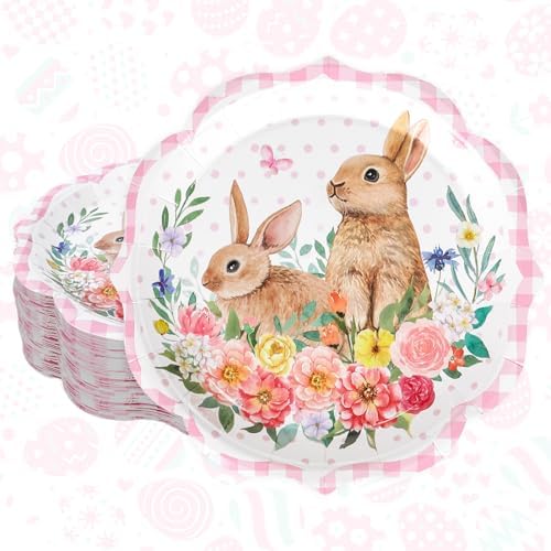 Platos Desechables FYSUIMU de 7 Pulgadas, 40 Pcs, con Diseño de Conejito de Pascua Rosa, Flores y Cuadros para Fiestas, Baby Shower y Cumpleaños - imagen 1