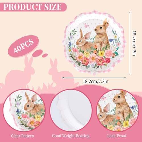 Platos Desechables FYSUIMU de 7 Pulgadas, 40 Pcs, con Diseño de Conejito de Pascua Rosa, Flores y Cuadros para Fiestas, Baby Shower y Cumpleaños - imagen 2