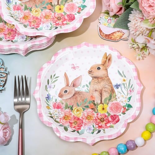 Platos Desechables FYSUIMU de 7 Pulgadas, 40 Pcs, con Diseño de Conejito de Pascua Rosa, Flores y Cuadros para Fiestas, Baby Shower y Cumpleaños - imagen 3